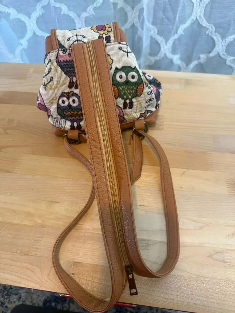 Small Tapestry Owl Print Mini Backpack with Brown Faux Leather Trim